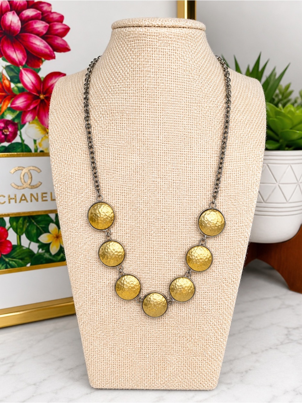 Reversible Gold & Silver Disc Necklace 17” + 3” Extender - 2-in-1 Hammered Boho